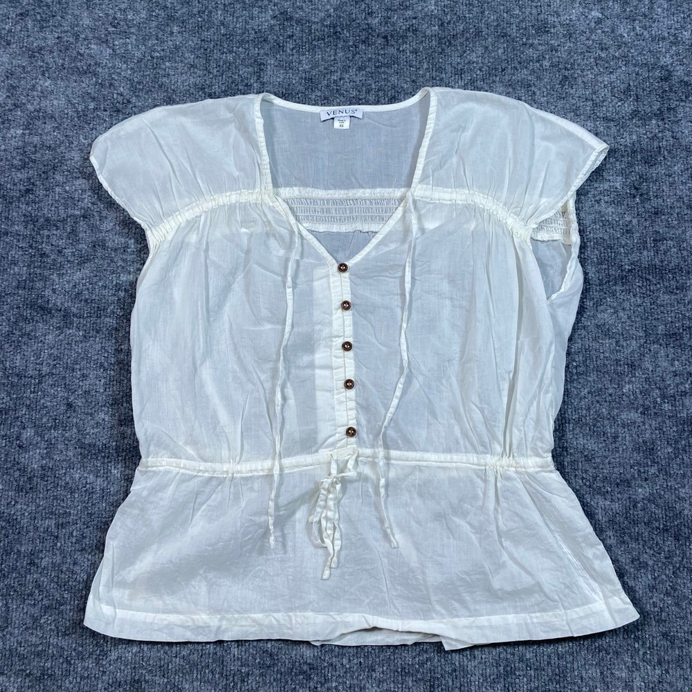 Venus White Cotton Gauze Boho Blouse Smocked Cap Sleeve Button Front Top XS